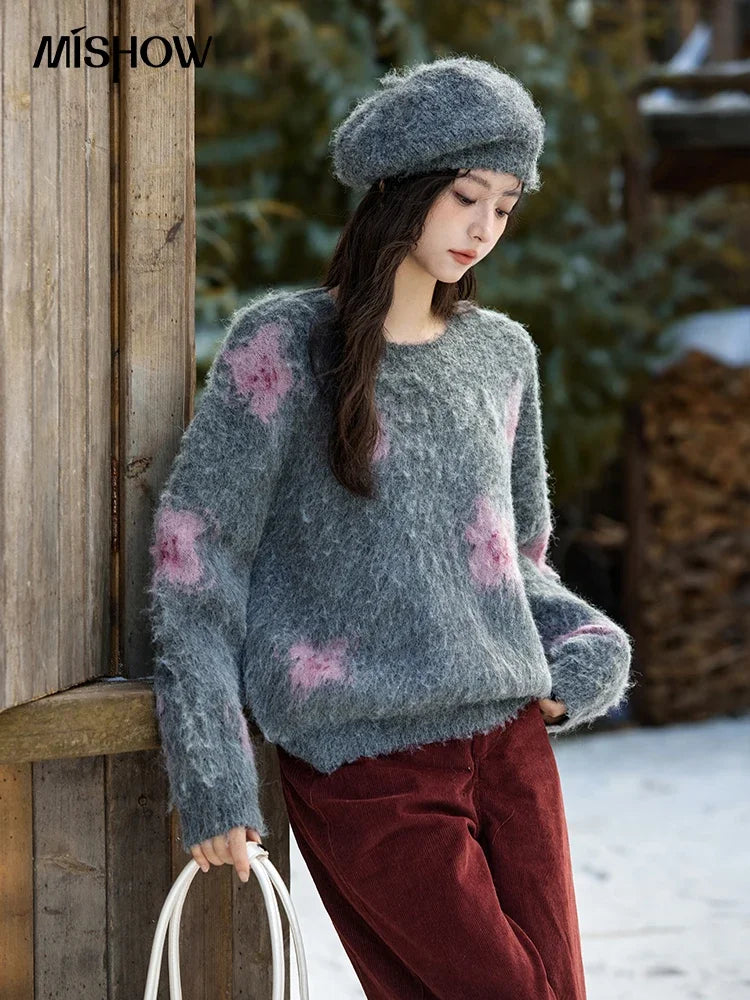 Mishow Wool Yarn Plush Fur Flower O-Neck Pullover MXD56Z1001