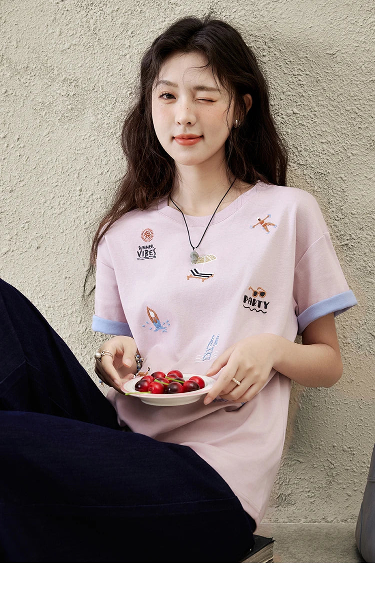 Mishow Embroidered Cartoon Round Neck Tee MXE16T0506