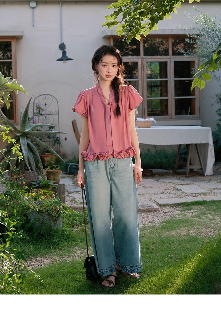 MISHOW V-Neck Puff Sleeve Blouse Lace Up Button Sweet MXE38X1914