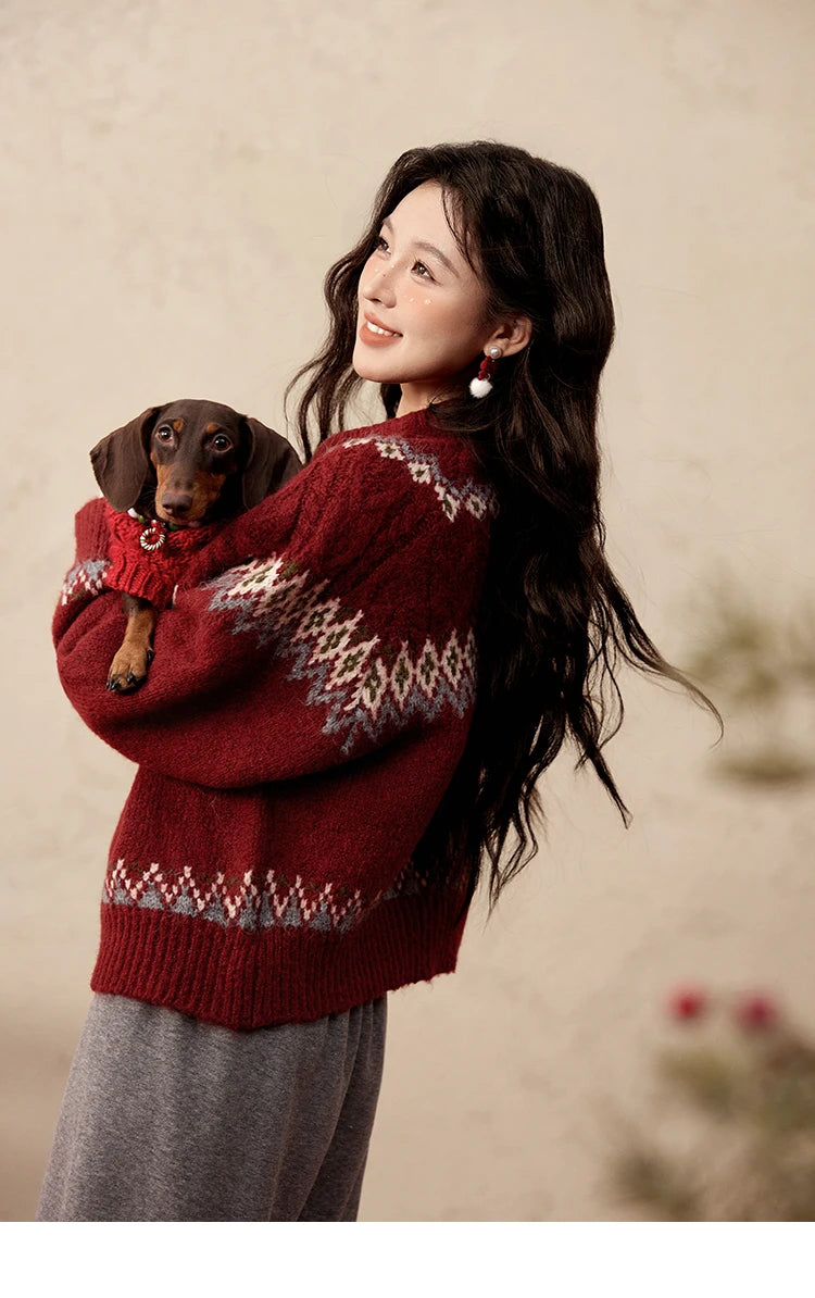 Mishow Red Fair Isle Raglan Sleeve Sweater MXD58Z1035