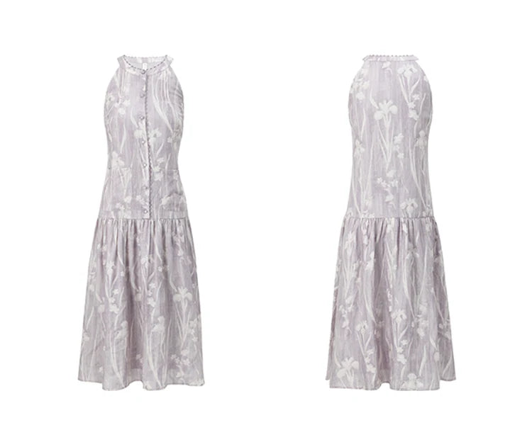 Mishow Purple Print Chiffon Stand Collar Dress MXE32L2163