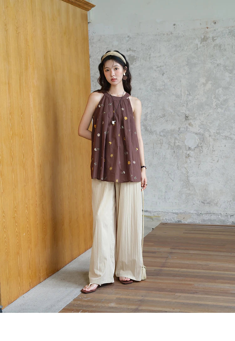 Mishow Embroidery Hanging Neck Sleeveless Top & Khaki Wide Leg Pants Set MXE39T0713
