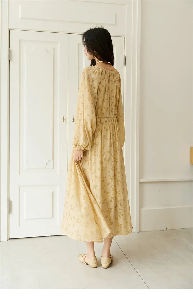 MISHOW Yellow Print Lace Lantern Sleeve Dress MXE47L2527
