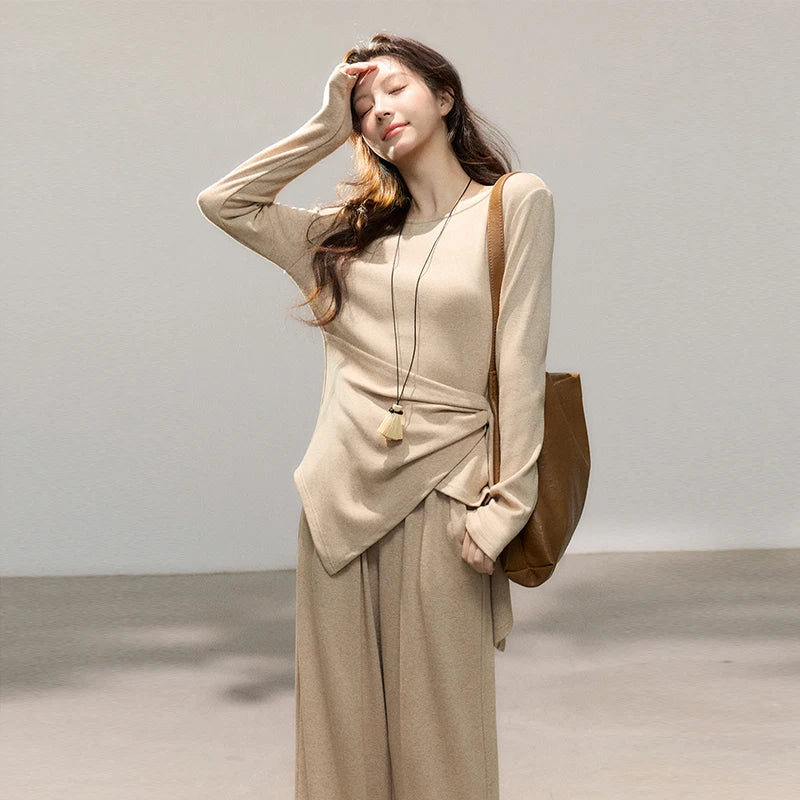Mishow Khaki Asymmetrical Hem Top & Wide Leg Pants Set MXF11T1465