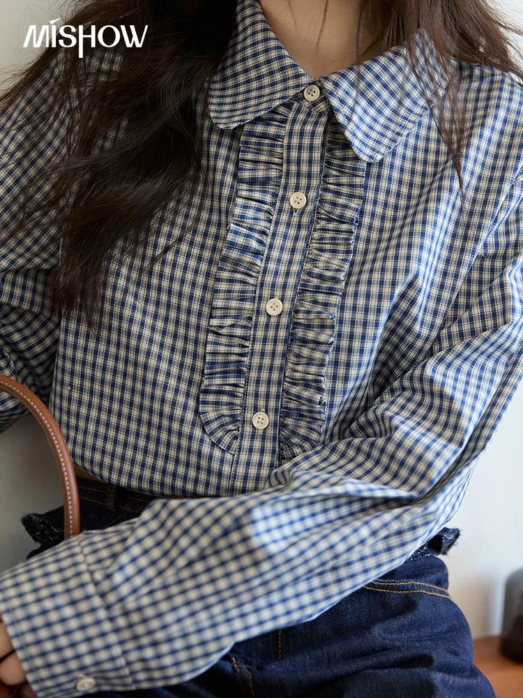 MISHOW Blue Plaid Cotton Shirt Doll Collar Dropped Shoulder MXE44C2391