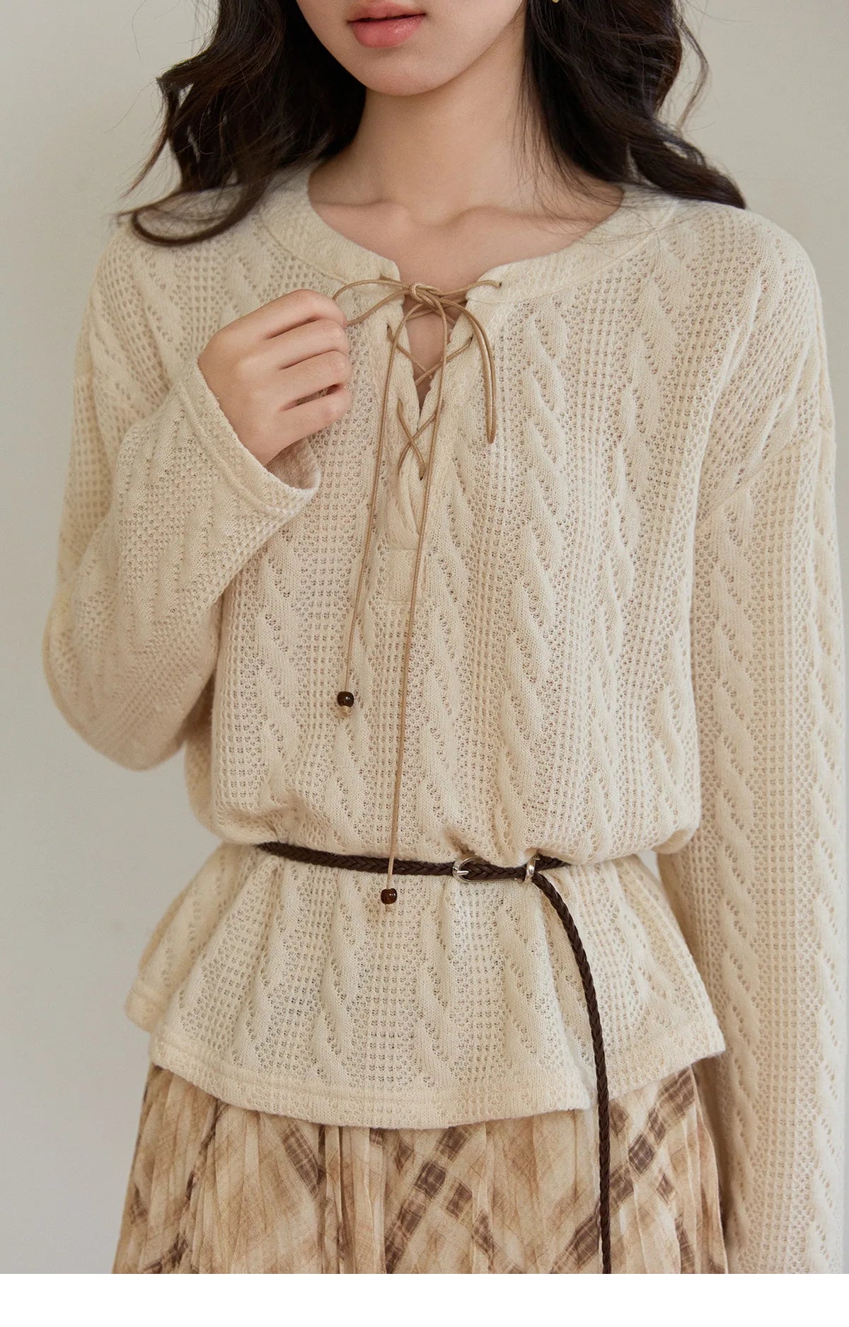 Mishow Beige V-Neck Lace-Up Cable Knit Sweater MXF108Z1029