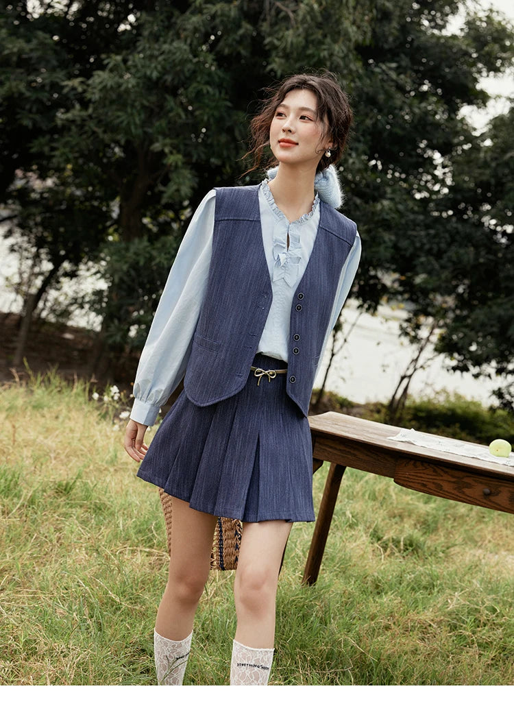 Mishow V-Neck Vest Coat & Pleated A-Line Skirt Set MXE31T0505