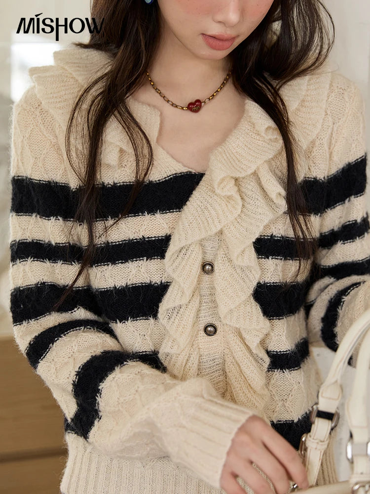 Mishow Striped Asymmetrical Ruffled Cardigan MXE51Z2633