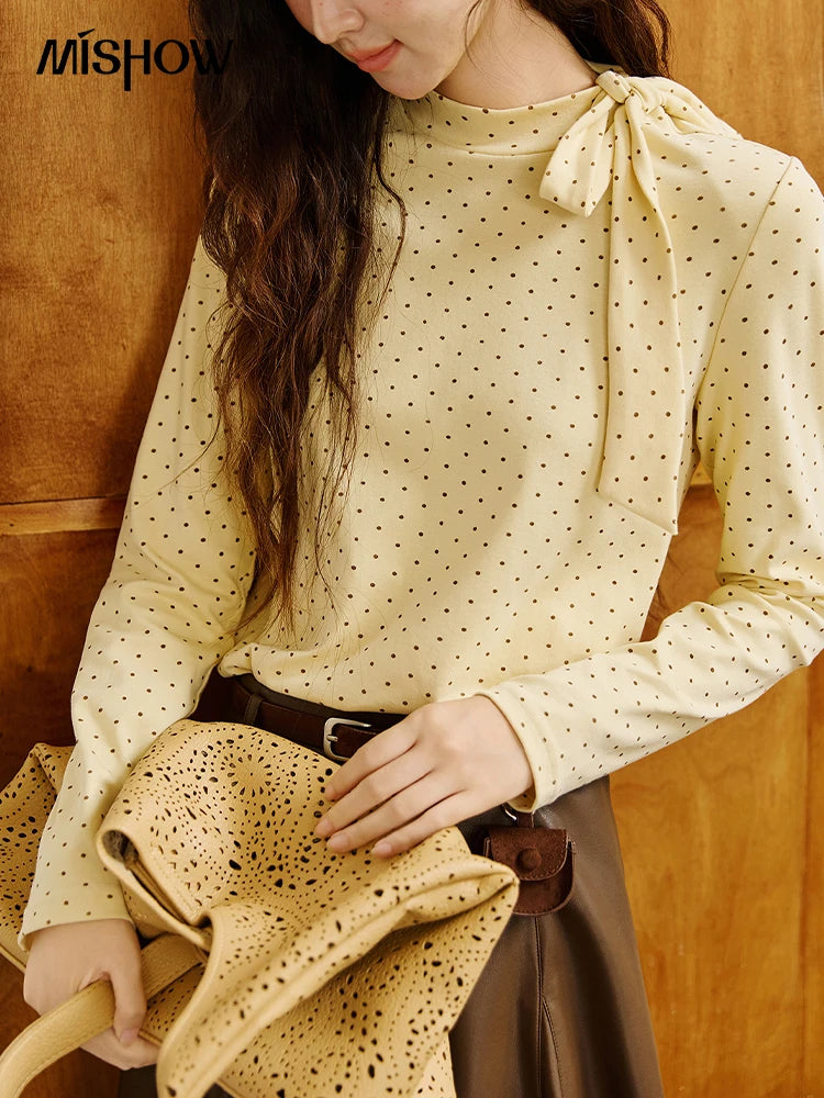 Mishow Yellow Polka Dot Lace Up Collar Pullover MXE45Z1379