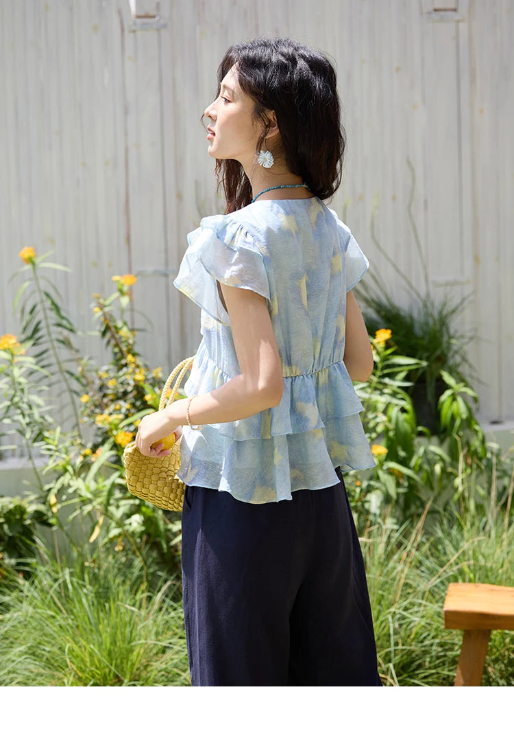 MISHOW Women's Blue Double-Layer Ruffled Linen V-Neck Blouse MXE33X1819