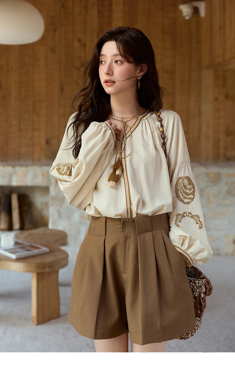 MISHOW Apricot Embroidered Blouse Tassels Lantern Sleeves MXE41X1940