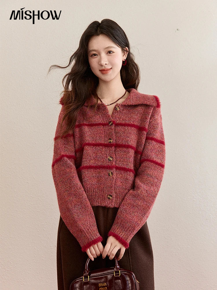Mishow Red Striped Large Lapel Fleece Cardigan MXE94Z2888