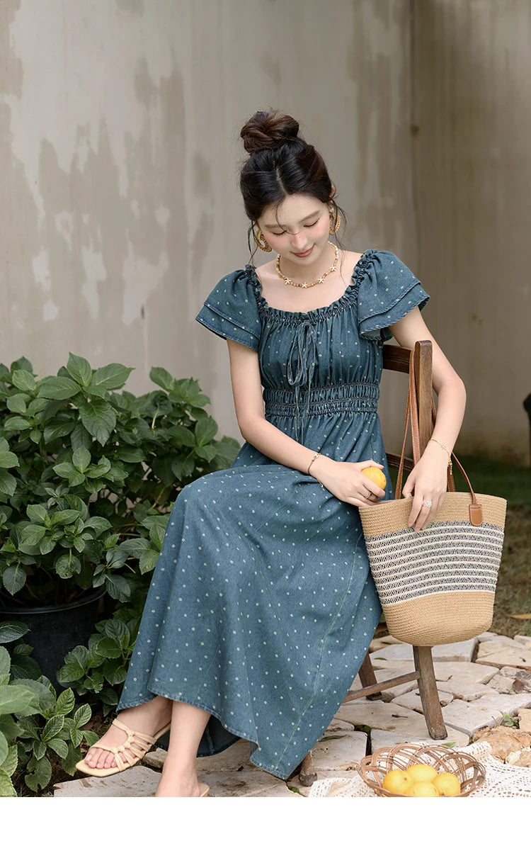 Mishow Polka Dot Flying Sleeve Lace-Up Denim Dress MXD30L2022