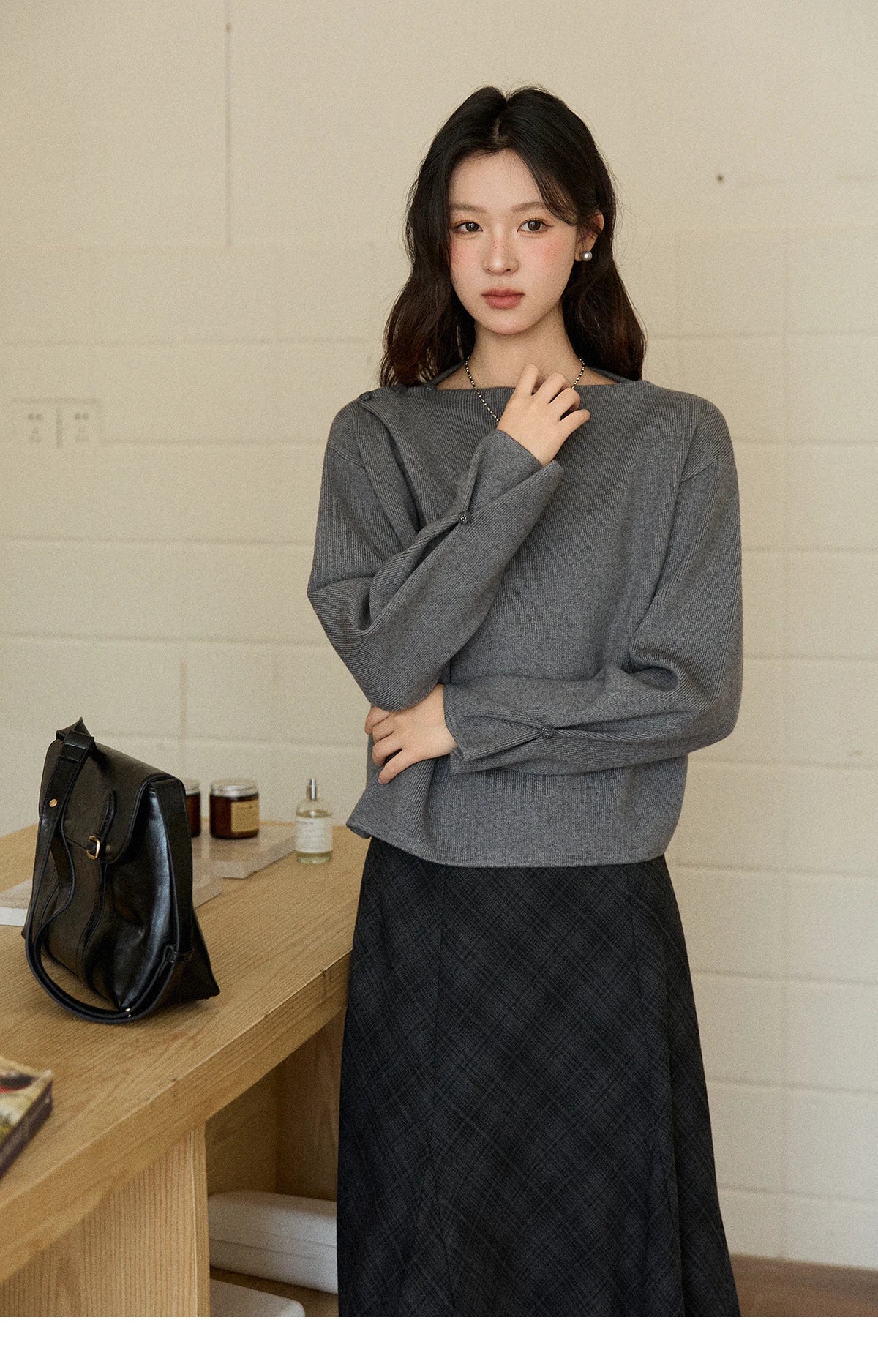 Mishow Gray French Diagonal Placket Knit Pullover MXE86Z2744