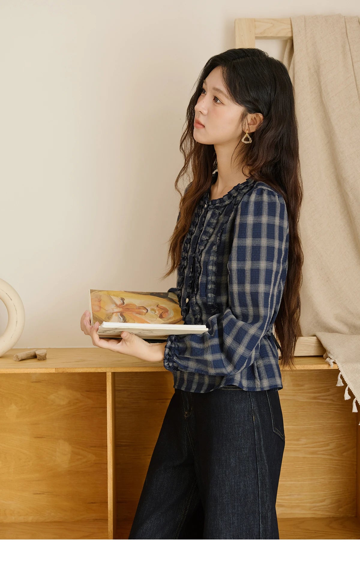 MISHOW Vintage Blue Plaid Shirt Round Neck Loose MXE45X2480