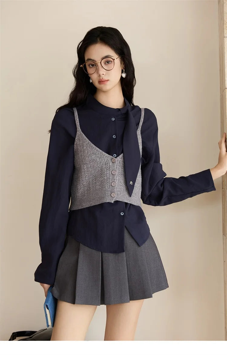 MISHOW Navy Ribbon Layered Shirt Knit Camisole Two-Piece Set MXE47T1412