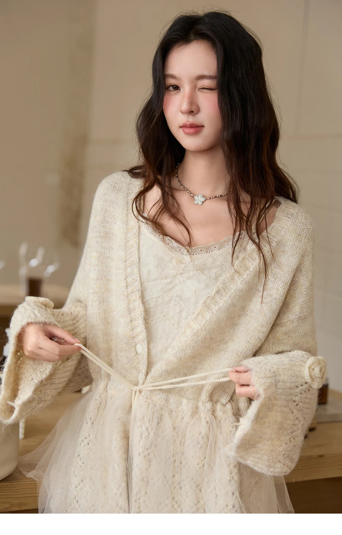 Mishow Apricot Mesh Flower Drawstring Cardigan MXE88Z2707