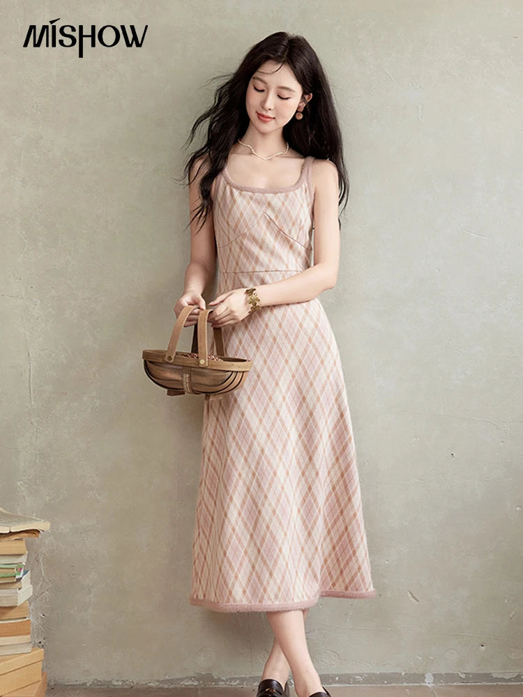 Mishow French Knitted Cardigan & Plaid Camisole Dress Set MXD43L2012
