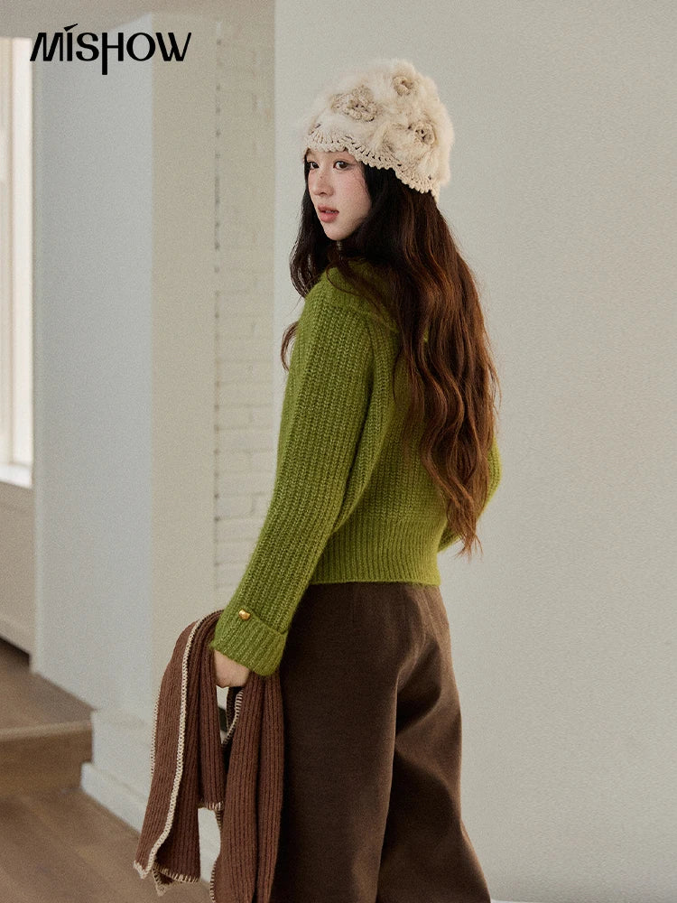 Mishow Green Wool Blend Long-Pile Large Lapel Pullover MXE90Z2760