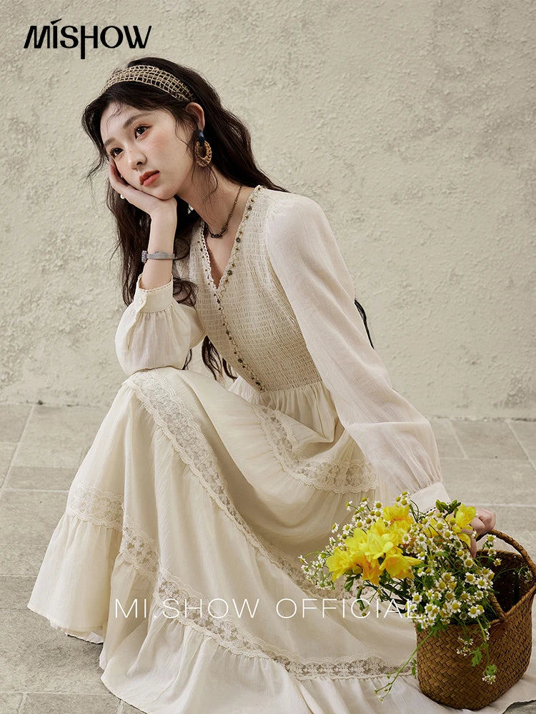 Mishow Apricot 100% Cotton Splicing Lace Dress MXE16L2168