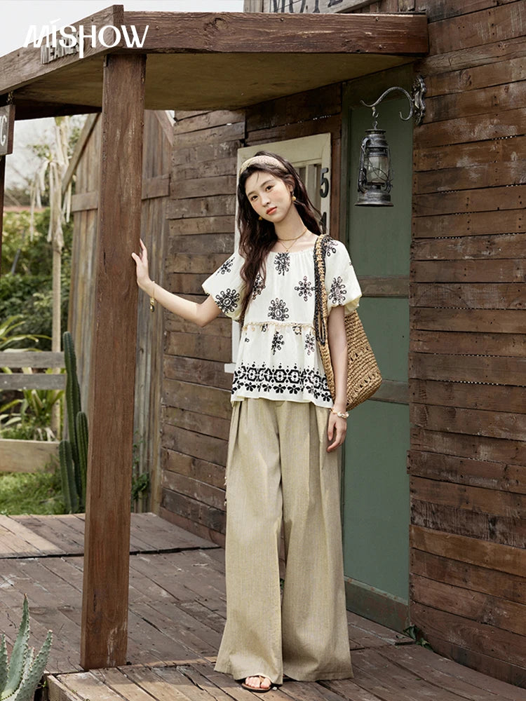 MISHOW Bohemian Print Blouse Short Puff Sleeve Square Collar Shell Ribbon MXE35X1817