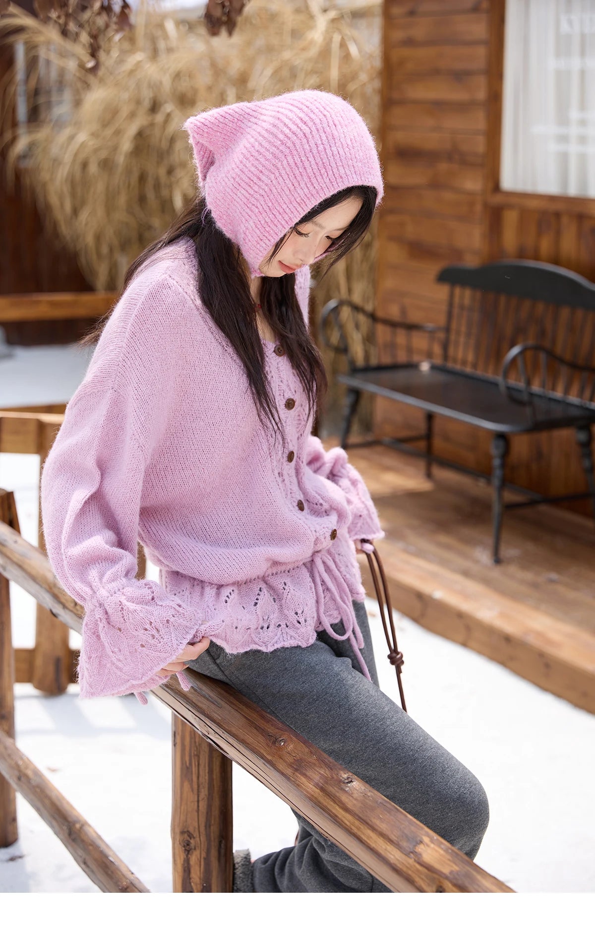 Mishow Hollow Knit V-Neck Flared Sleeve Cardigan MXE47Z2513
