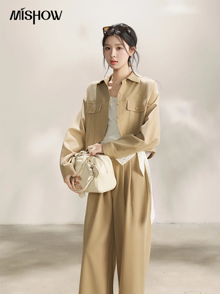 Mishow Khaki Cropped Jacket & Polka Dot Vest & Wide Leg Pants Three-Piece Set MXF13T1478