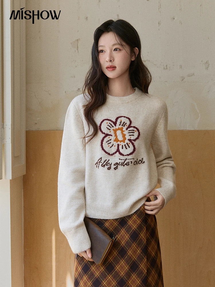 Mishow Beige Flower Pattern Letter Print Pullover MXE91Z2869