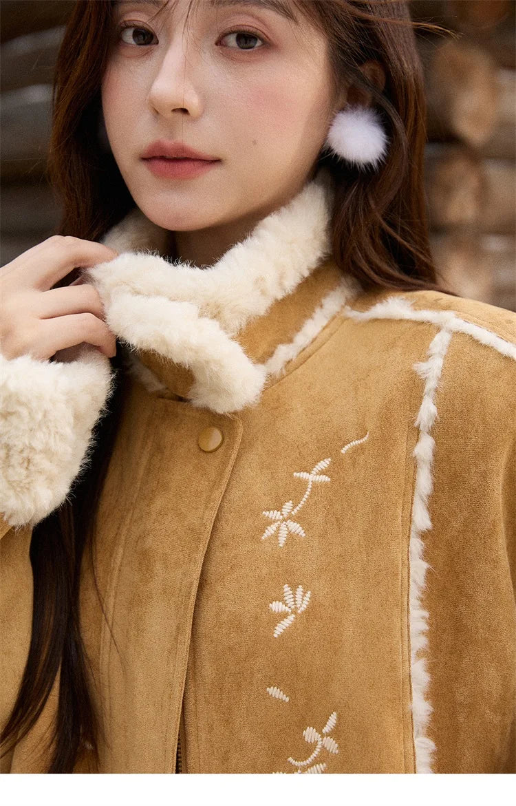 MISHOW Floral Embroidered Fur Jacket Plush Lapel Zipper MXE87W0918