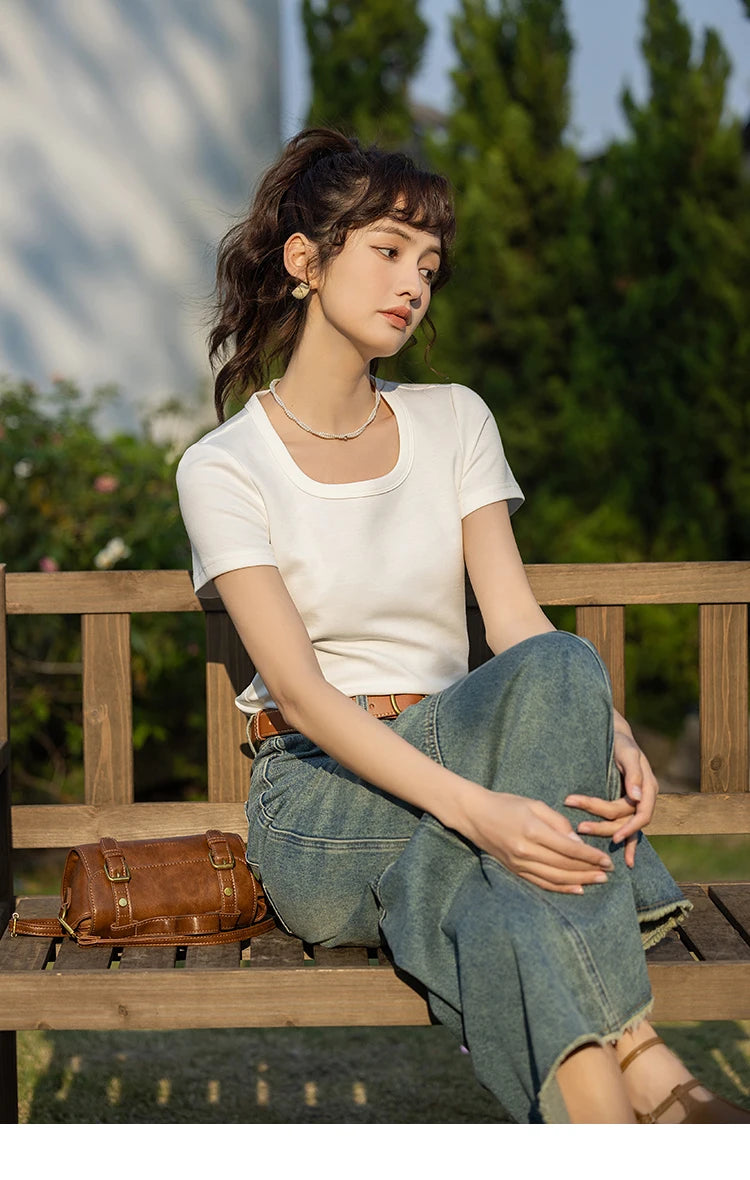 Mishow Solid Square Neck Cotton Tee MXC12T0641