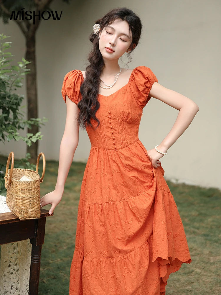 Mishow 100% Cotton Orange Embroidered Sweetheart Dress MXD29L1931