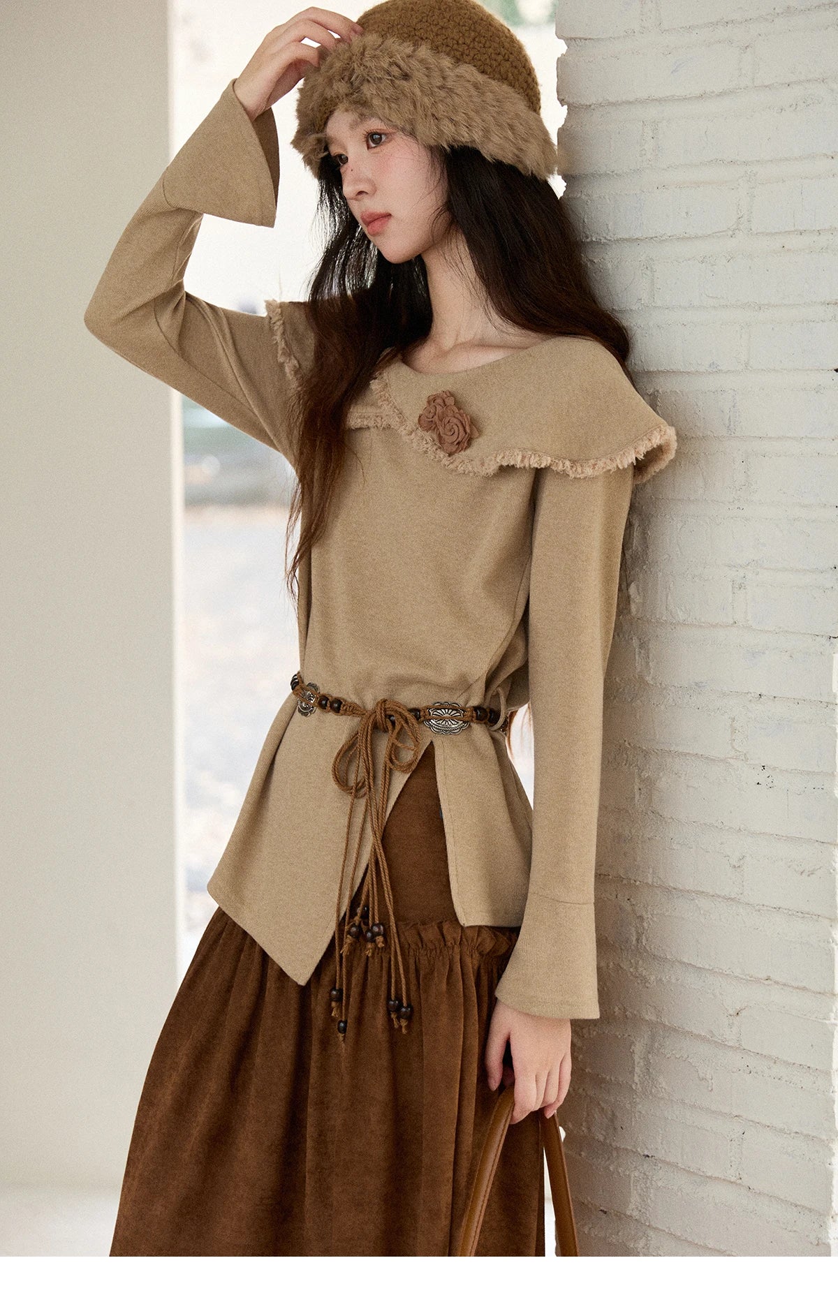 Mishow Retro Brown 3D Flower Decoration Round Neck Top MXE51Z2593
