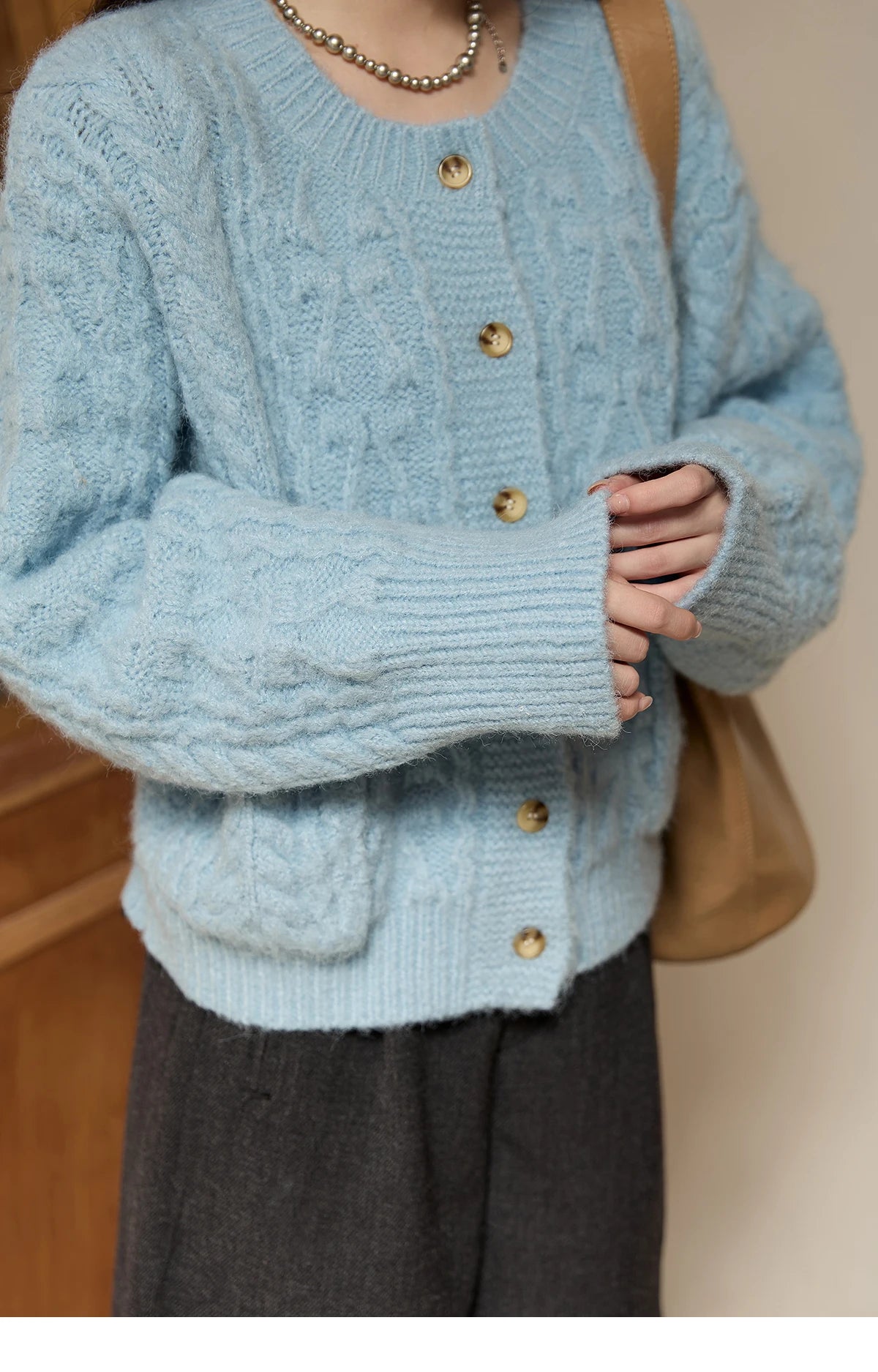 Mishow Light Blue Retro Crew Neck Pocket Cardigan MXE49Z2614