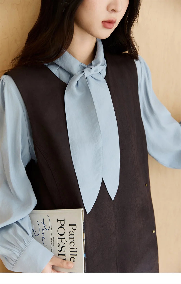 Mishow Light Blue Shirt & Brown Vest Skirt Suit MXE47T1408