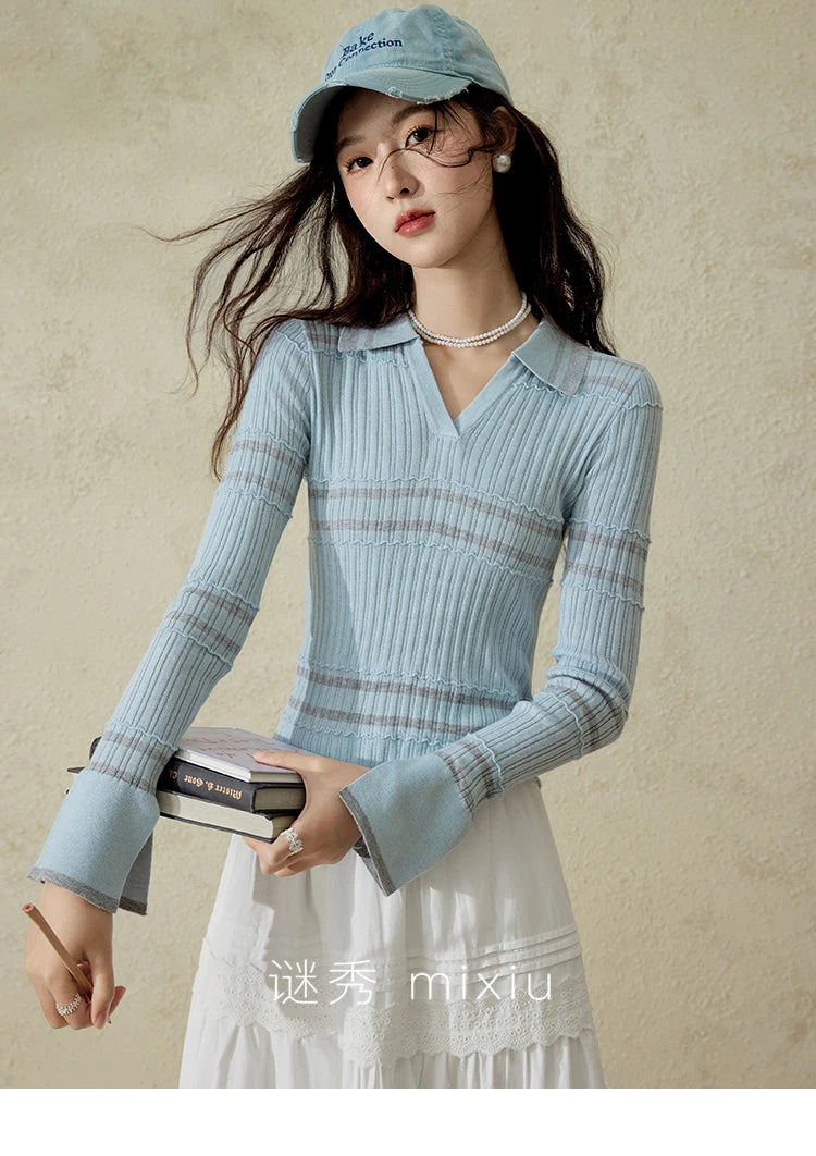 Mishow Contrast Color Striped V-Neck Trumpet Sleeve Top MXE13Z1141