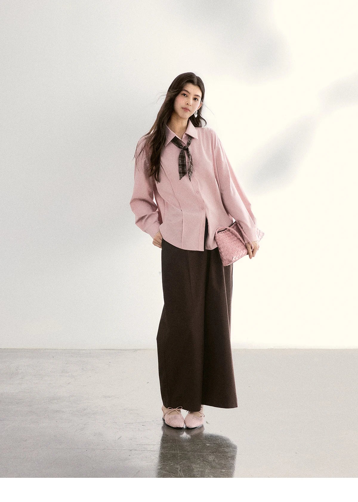 MISHOW Casual Loose Shirt with Plaid Scarf Lapel Top MXF108C0815