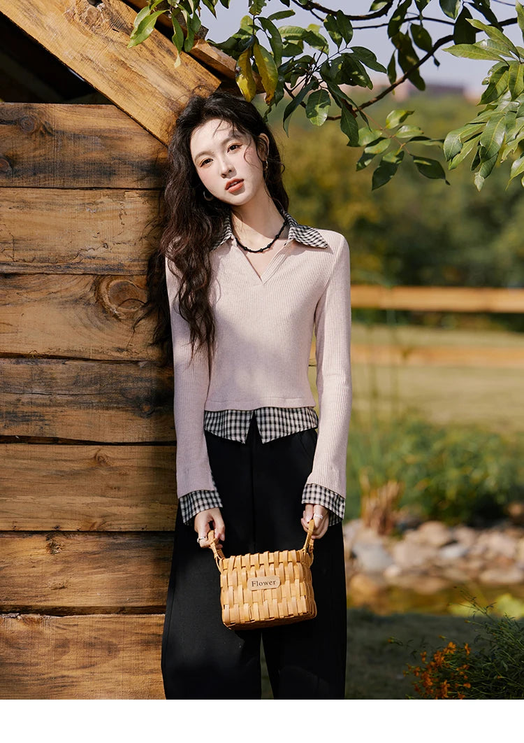 Mishow Plaid Splicing Fake Two-Piece Top MXE13Z1108