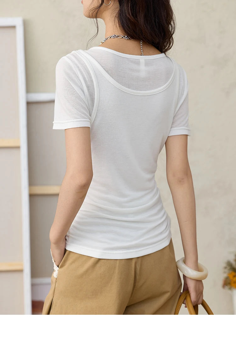 Mishow White Fake Two-Piece Bead Tee MXE35T0566
