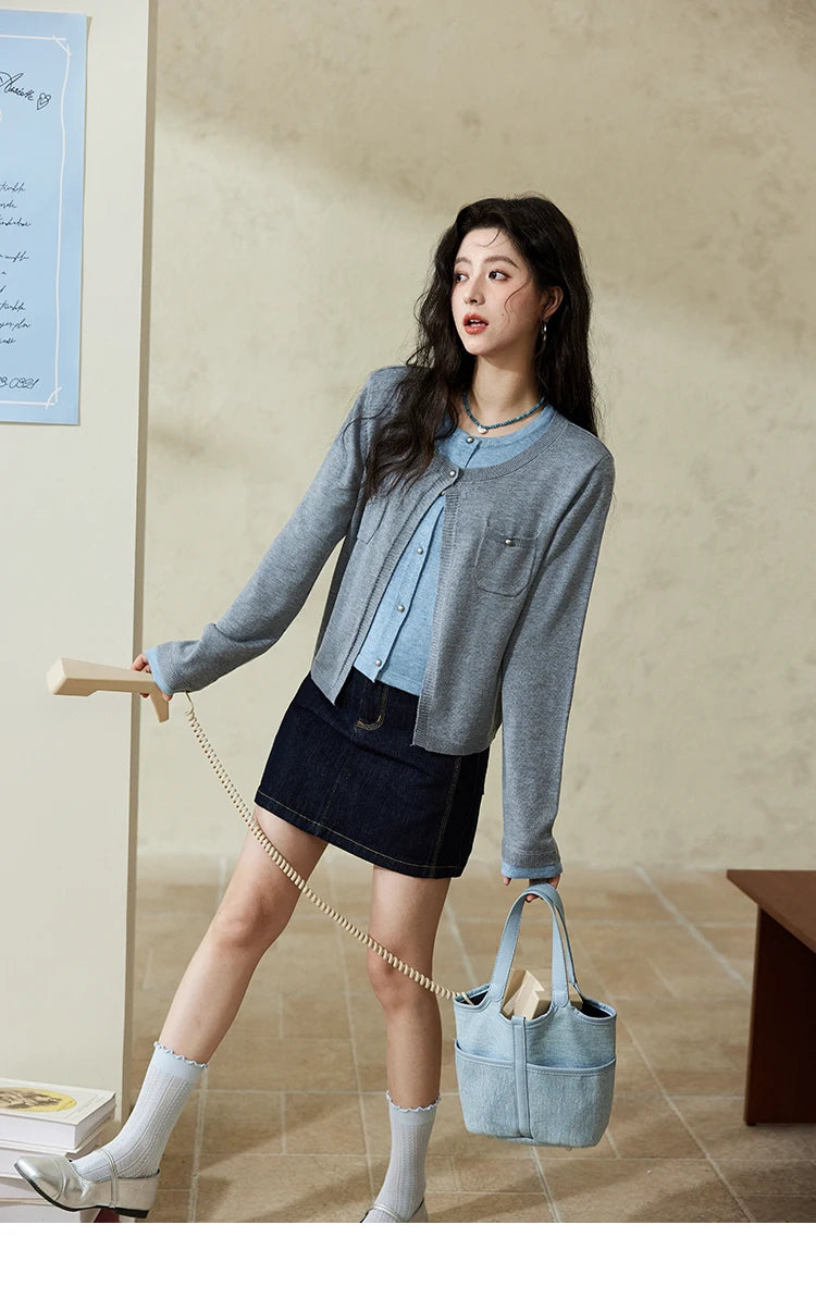 Mishow Fake Two-Piece Contrast Patch Pocket Cardigan MXE12Z1144