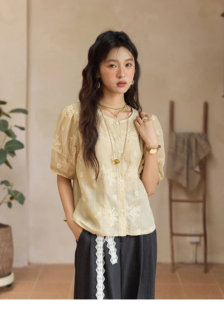 MISHOW French Retro Embroidered Floral Blouse Round Neck Puff Sleeve MXE36X1874