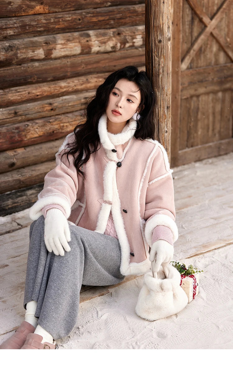 Mishow Suede Plush Fur Collar Jacket with Bag MXD57W0737
