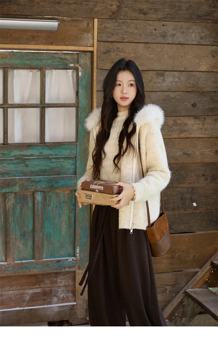 Mishow Beige Fur Hood Zipper Cardigan MXE94Z2963