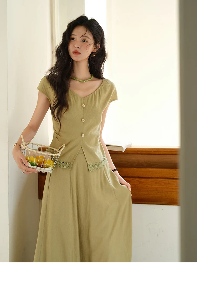 Mishow V-Neck Lace Hollow Top & Pocket A-Line Skirt Set MXE39T0665