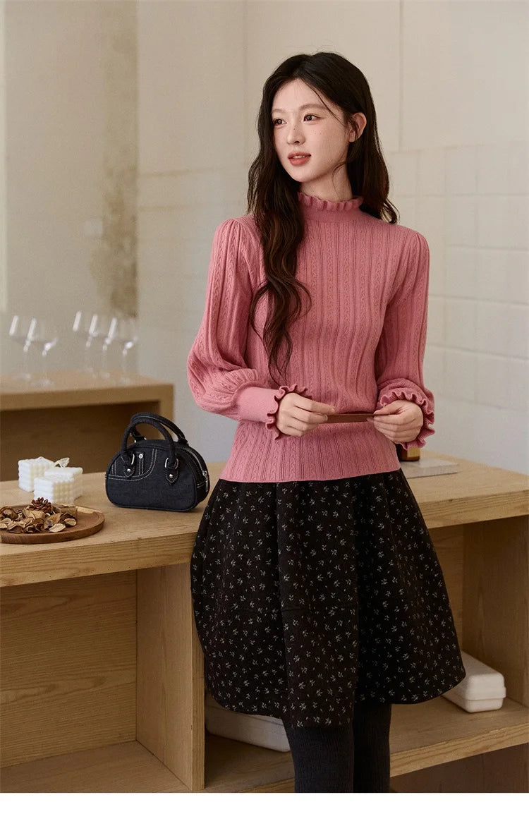 Mishow Half Turtleneck Ruffle Lantern Sleeve Top MXE93Z2810