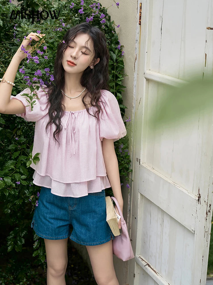 MISHOW Square Neck Blouse Tied Lantern Sleeve Double Layered Hem MXD26X1551