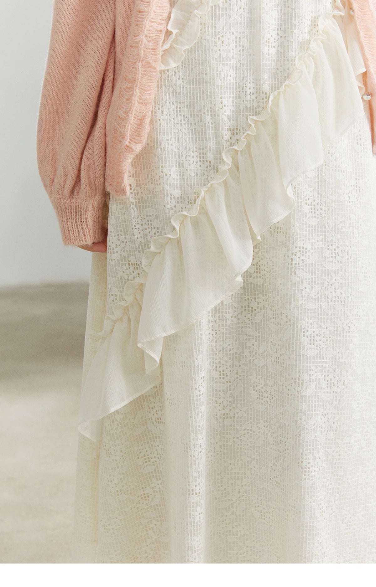 Mishow Cream Irregular Lace Ruffled Slip Dress MXF108L1005