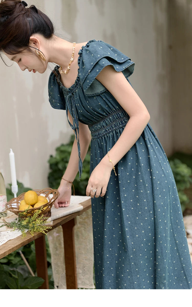 Mishow Polka Dot Flying Sleeve Lace-Up Denim Dress MXD30L2022