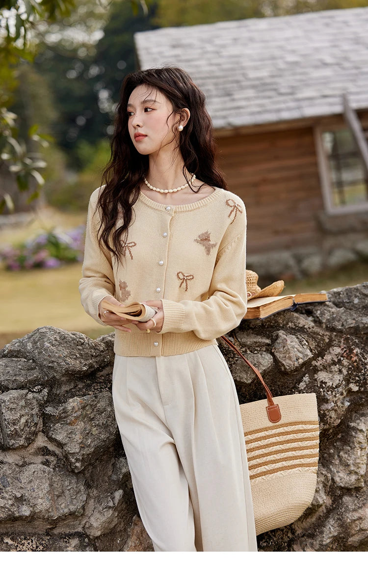 Mishow Yellow Dog Bow Jacquard Pearl Button Sweater MXE13Z1197