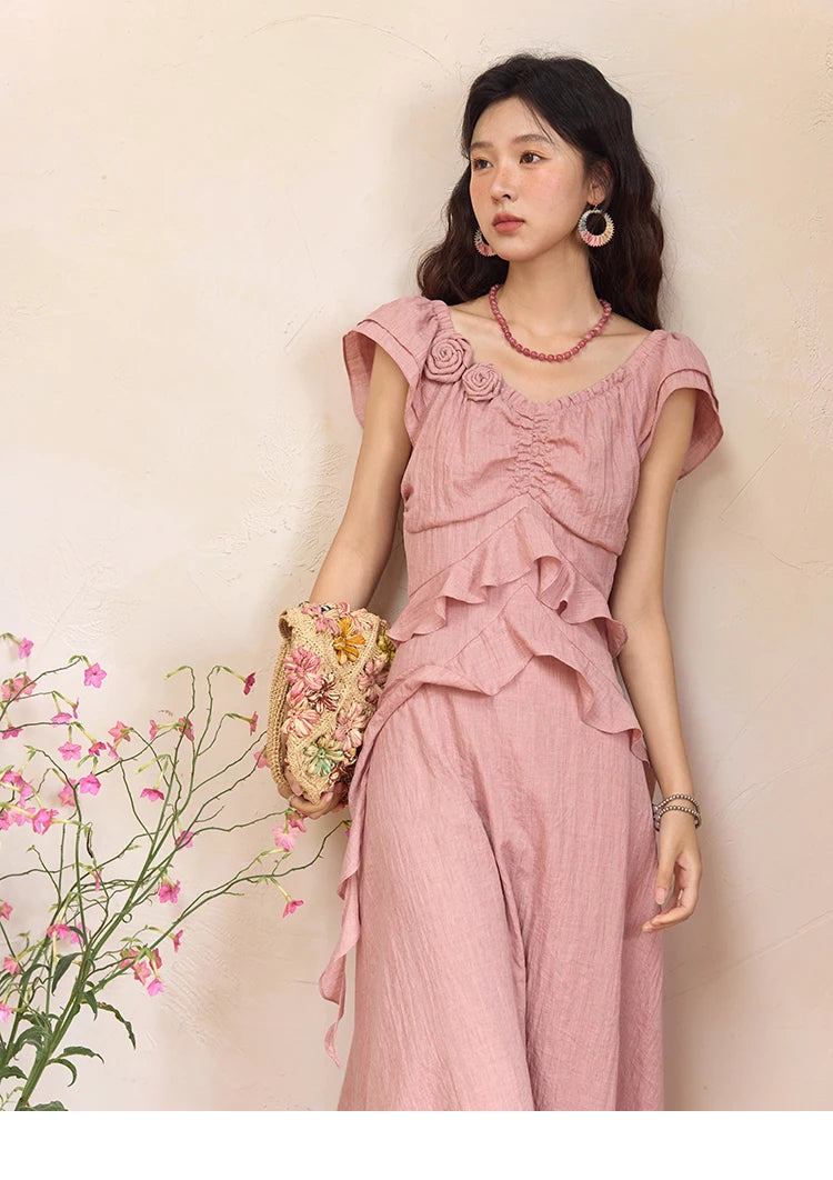 Mishow Flower Flying Sleeve V-Neck Pink Dress MXE34L2243
