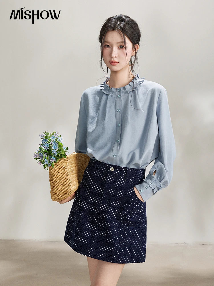 MISHOW Peach Skin Solid Shirt Ruffled Crew Neck MXF11C2431